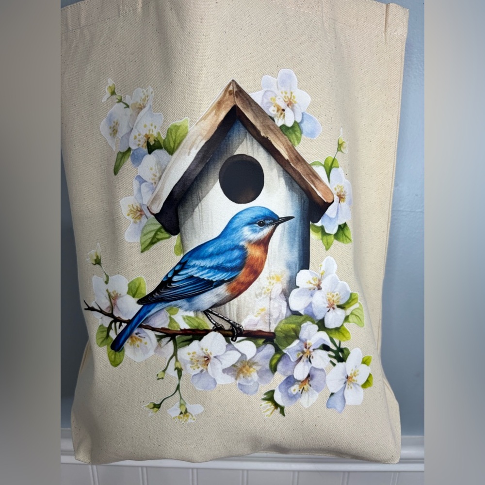 Canvas Tote Bag Bluebird & Birdhouse Floral Print Handmade Made Grocery Bag - Picture 3 of 8